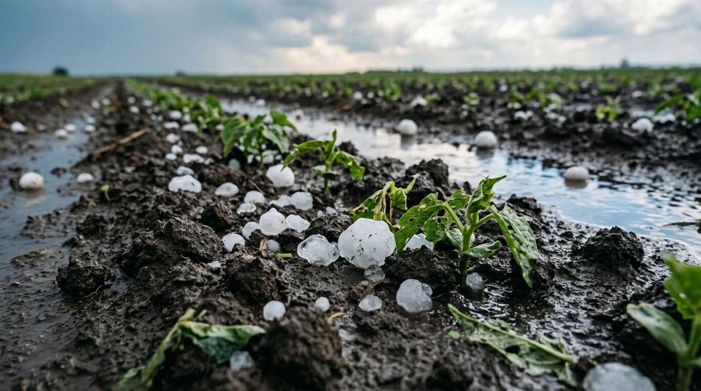 Grandine su un campo coltivato dopo un temporale estivo