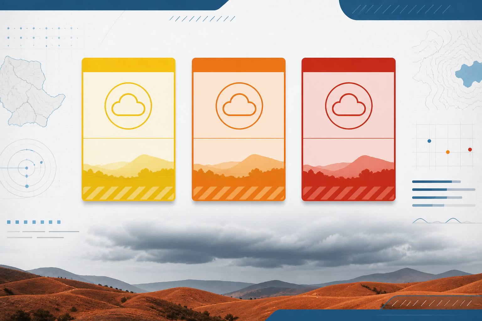 Trois panneaux d'alerte météo jaune, orange et rouge sans texte