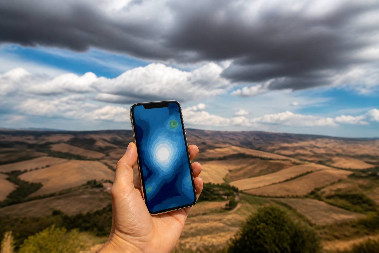 Main tenant un smartphone affichant une carte météo sans texte devant des collines