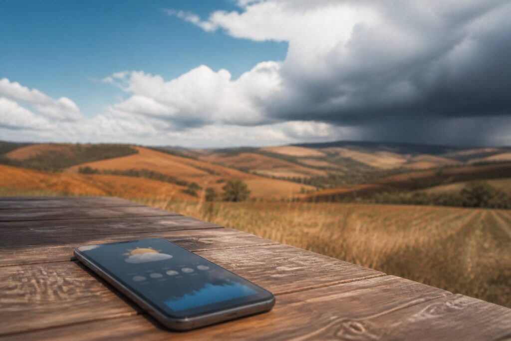 Smartphone avec interface météo sans texte posé près d'un champ des Marches