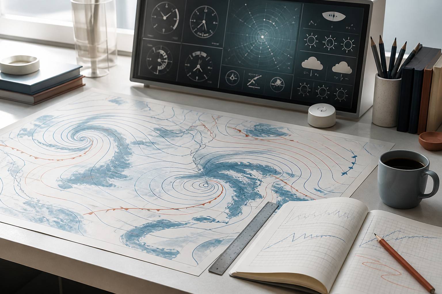 Table d'observateur avec carte météo aux isobares dessinés, carnet ouvert, crayon et règle
