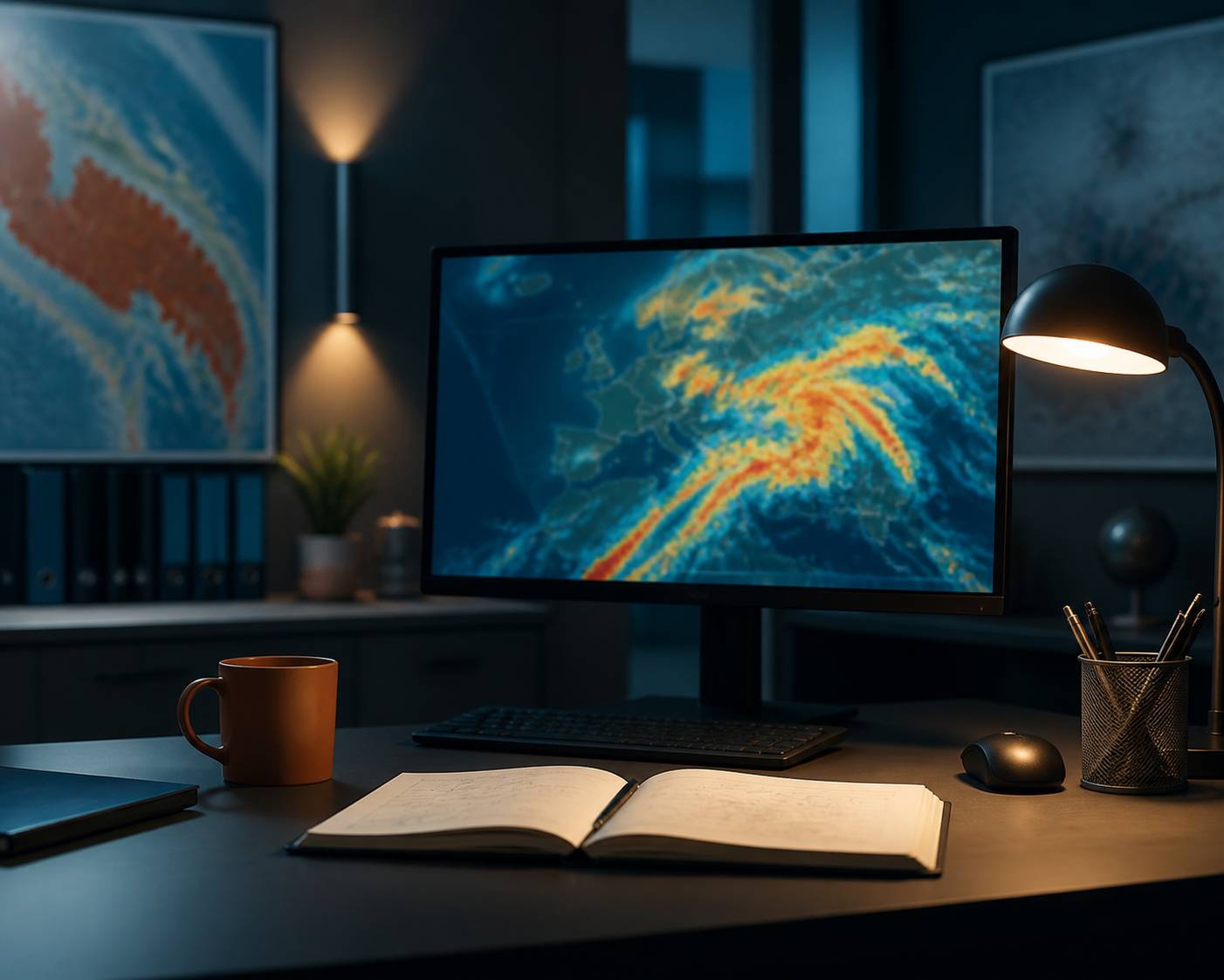 Écran de carte radar météo sur un bureau avec un carnet d'observateur