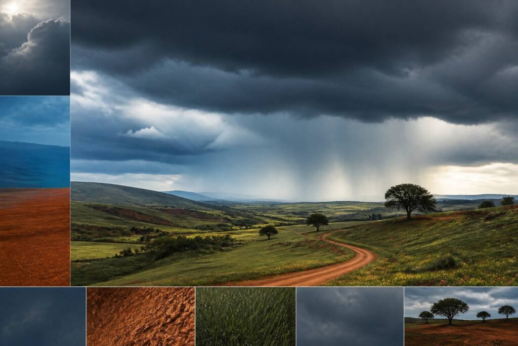 Ciel d'orage chargé au-dessus de collines avec rideau de pluie au loin