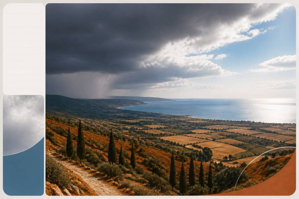 Ciel contrasté entre nuages d'orage et éclaircie sur une plaine