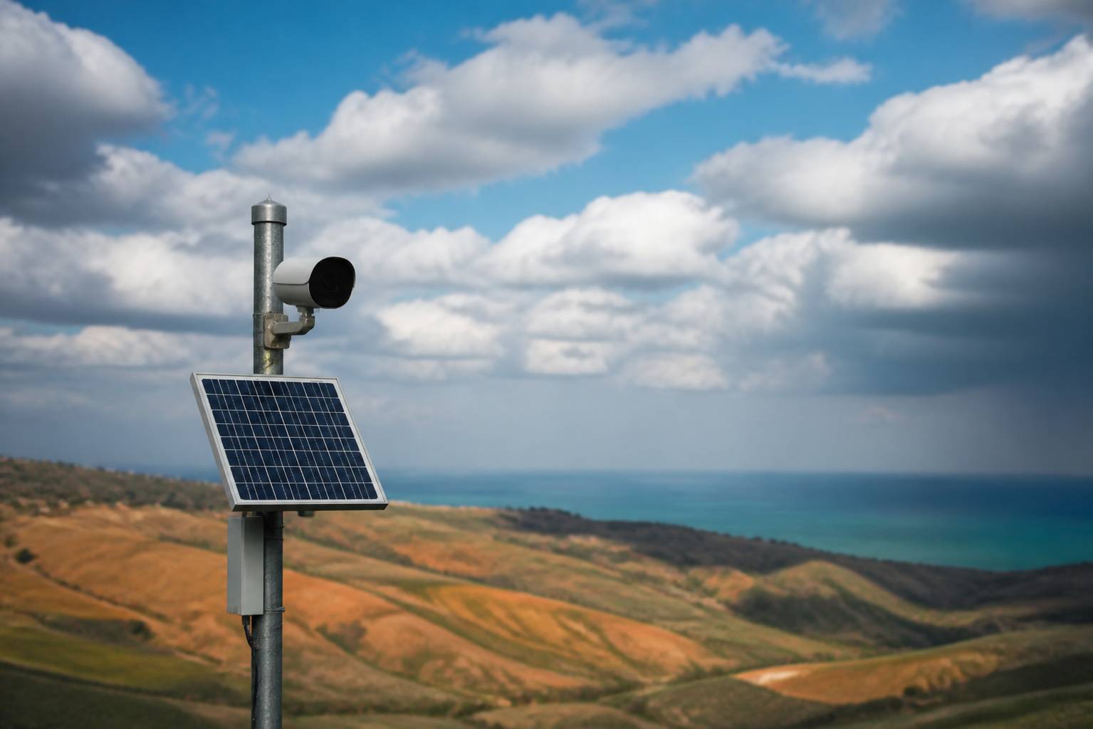 Haut de mât avec webcam météo et panneau solaire face aux collines