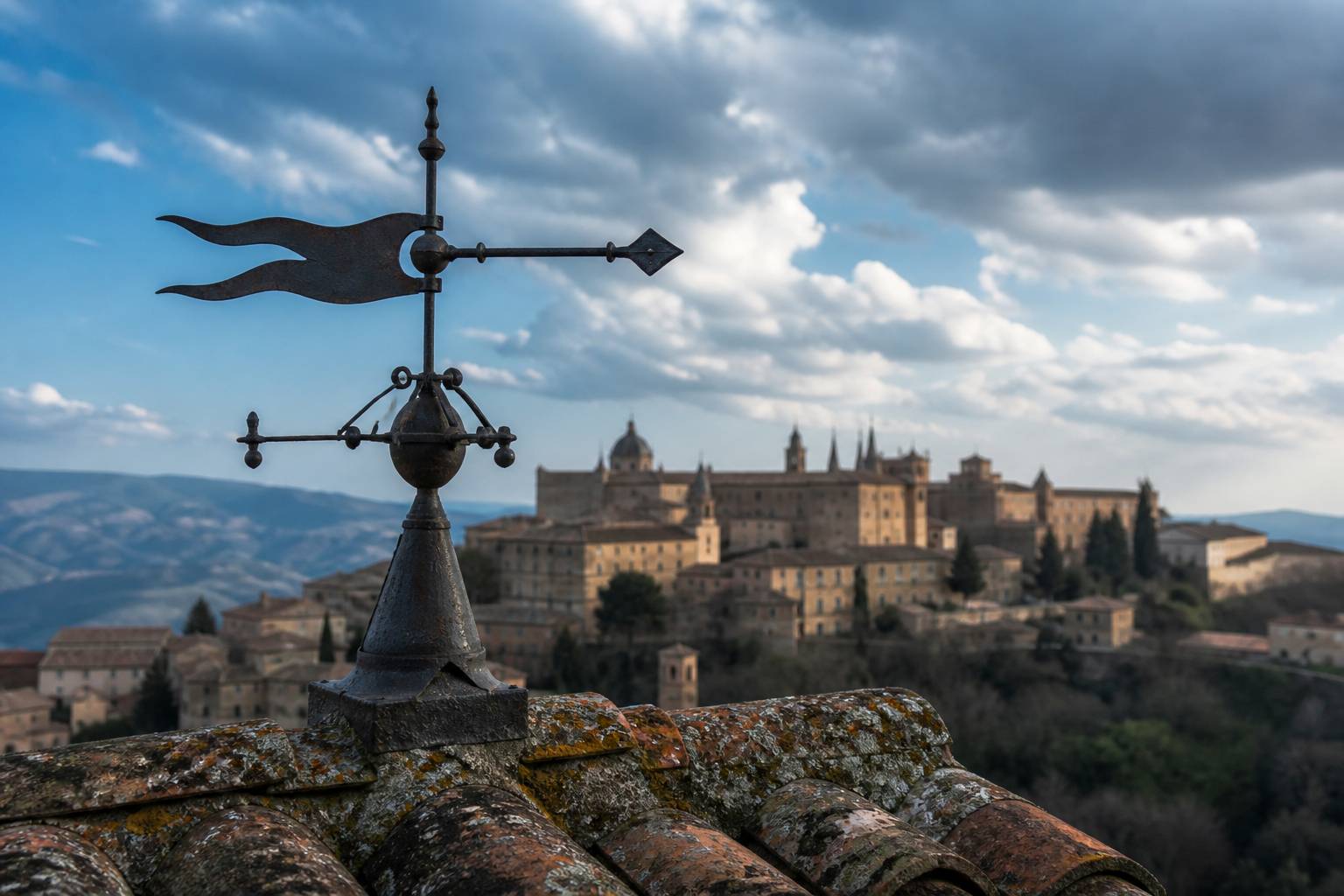 Girouette en fer forgé sur un toit ancien avec Urbino en arrière-plan