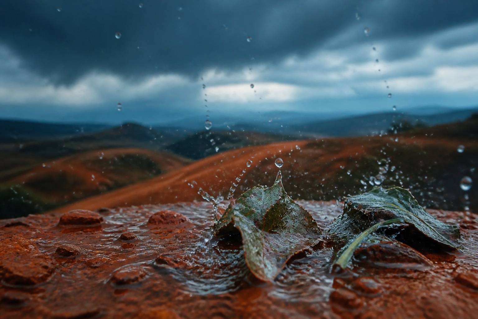 Gouttes de pluie frappant des feuilles sous un ciel d'orage
