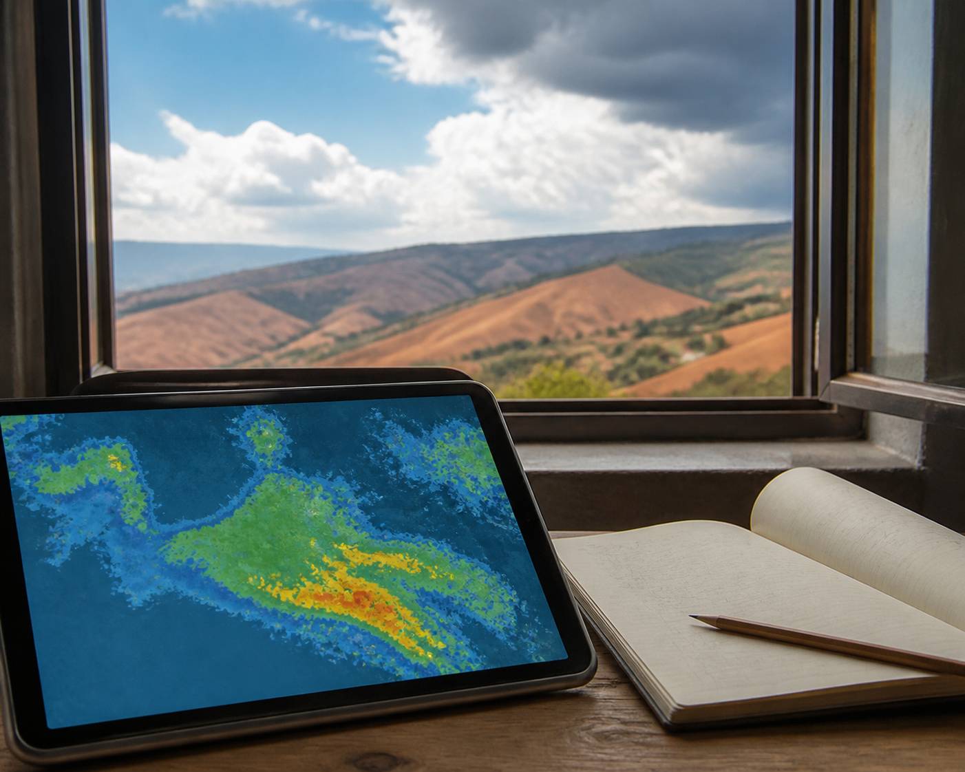 Tablette affichant une carte radar météo sans texte devant des collines