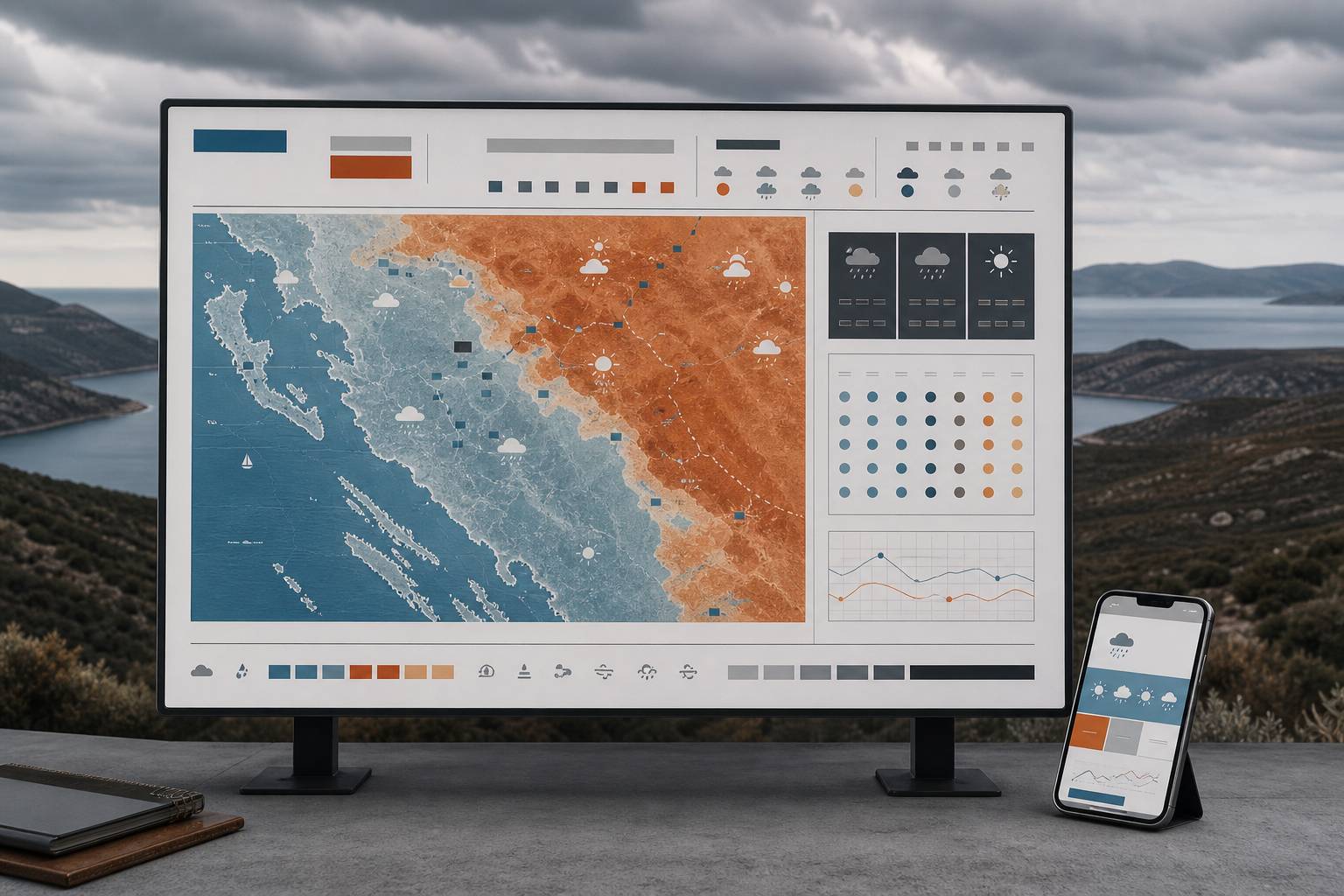 Carte régionale et bulletin météo avec zones colorées