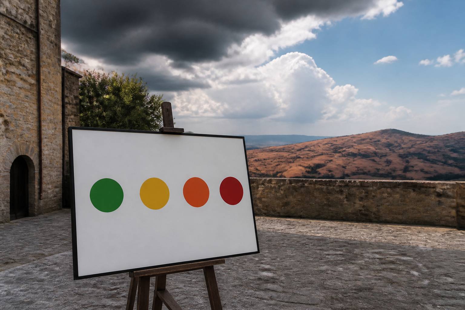 Panneau sans texte avec pastilles d'alerte verte jaune orange et rouge devant des collines