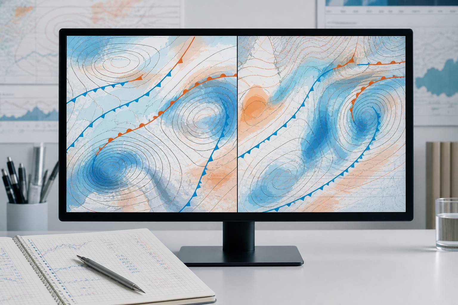 Ecran affichant deux cartes meteo avec isobares et symboles de fronts