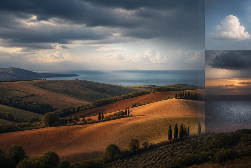 Collines vallonnées autour d'Urbino sous un ciel changeant avec la côte au loin