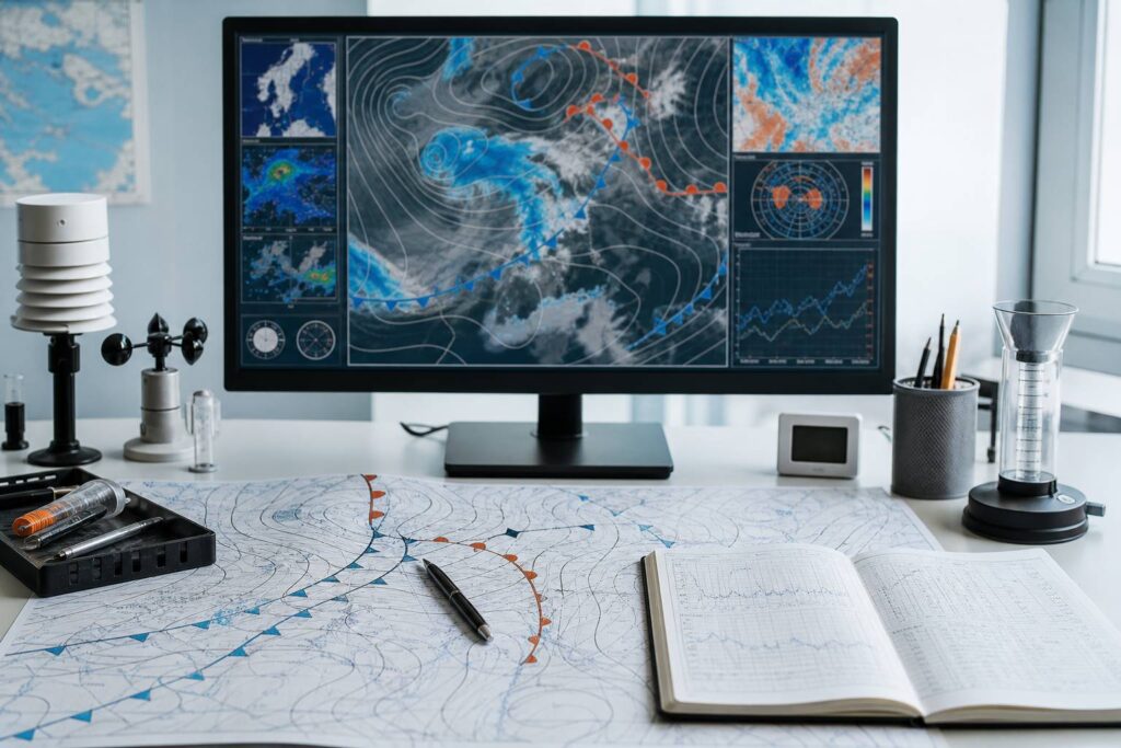 Bureau d'observateur meteo avec carte synoptique et ecran de previsions