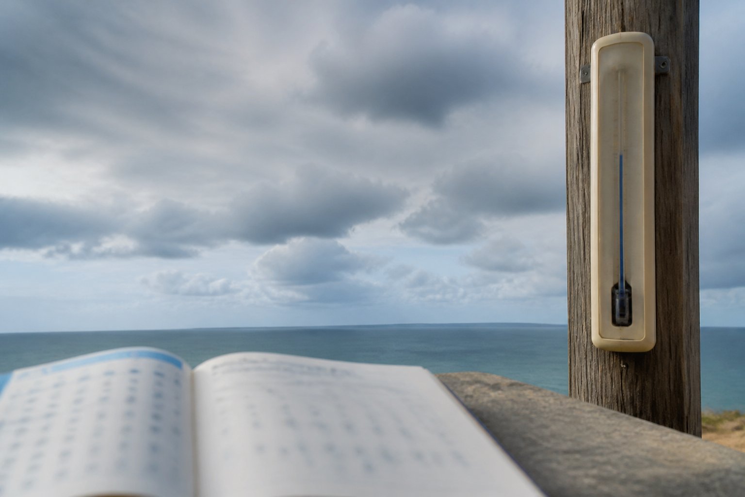 Carnet d'observateur flou et thermomètre d'extérieur sous un ciel nuageux