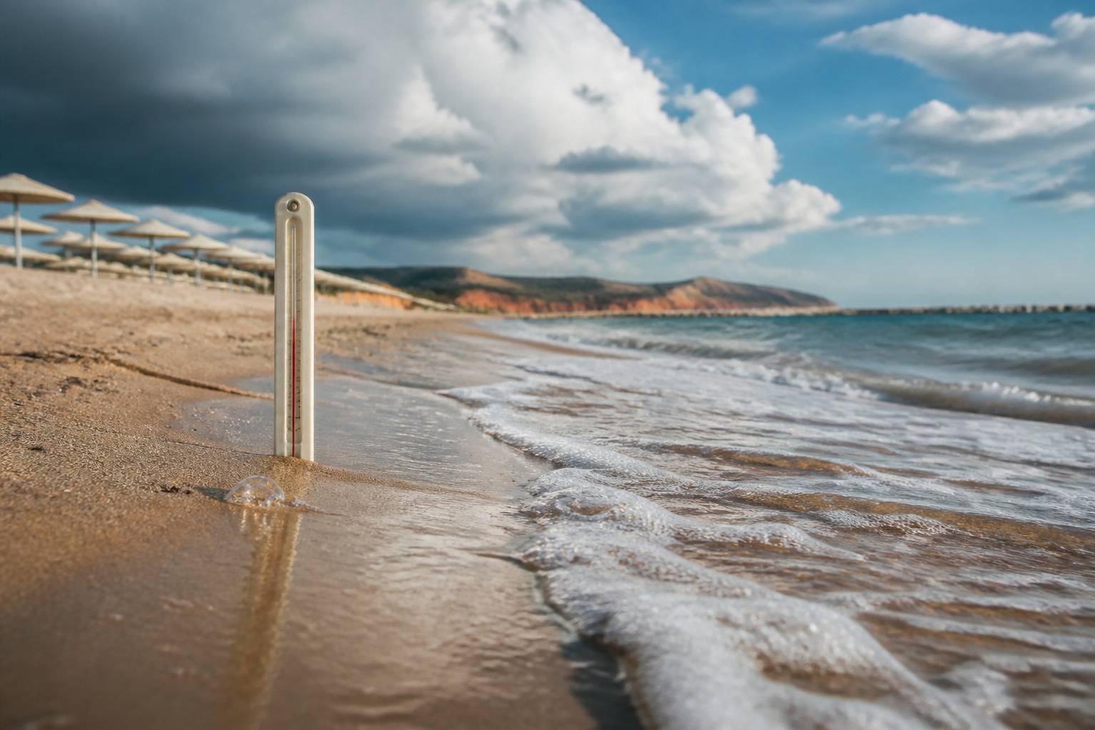 Vagues de l'Adriatique sur le sable avec un thermomètre planté sans texte lisible