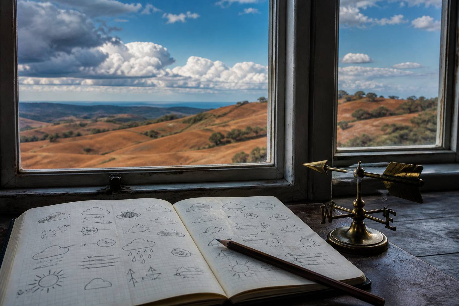 Carnet ouvert avec symboles météo dessinés à la main et une girouette