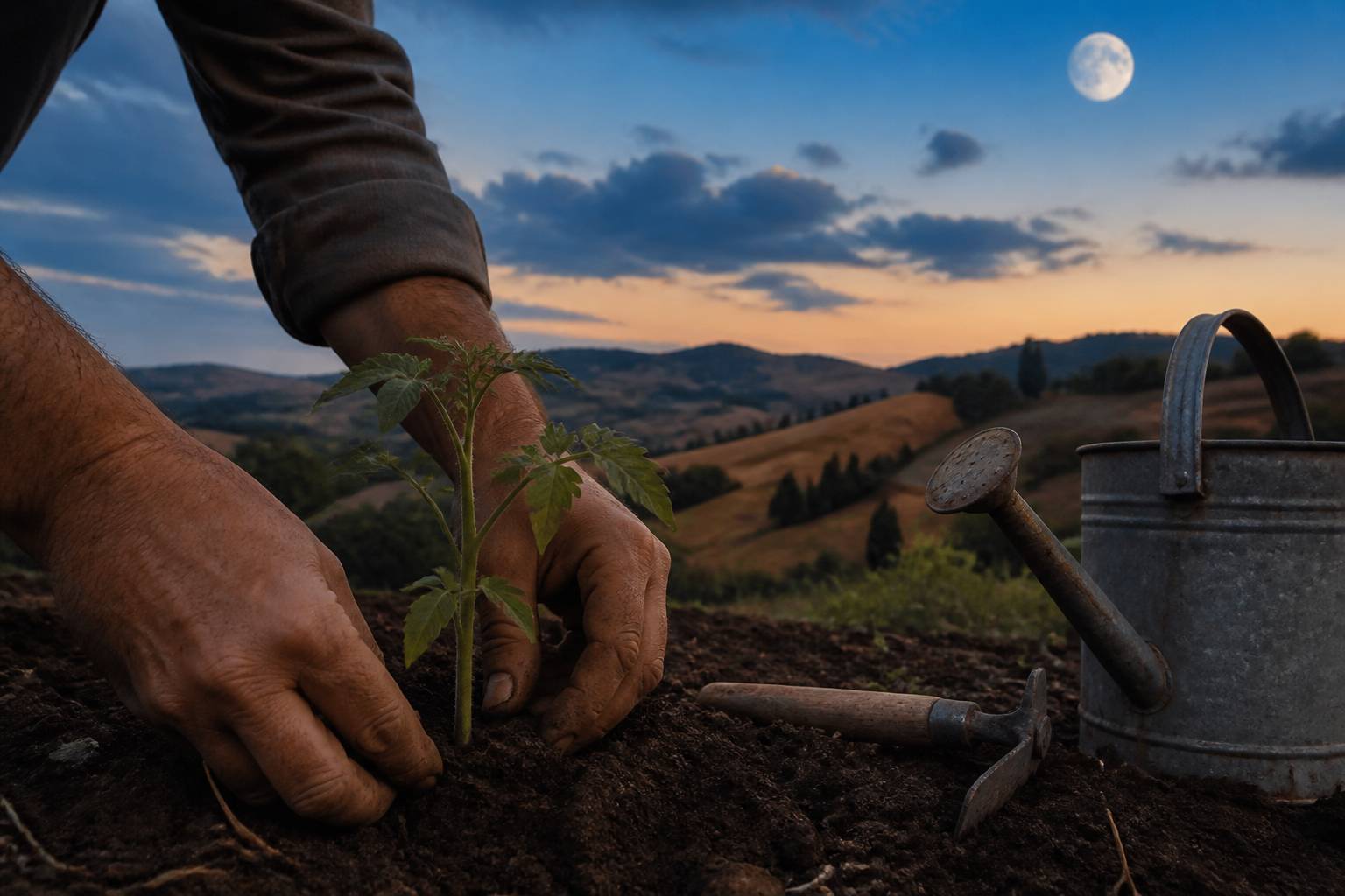 Mains plantant un jeune plant dans la terre au crépuscule avec la lune visible