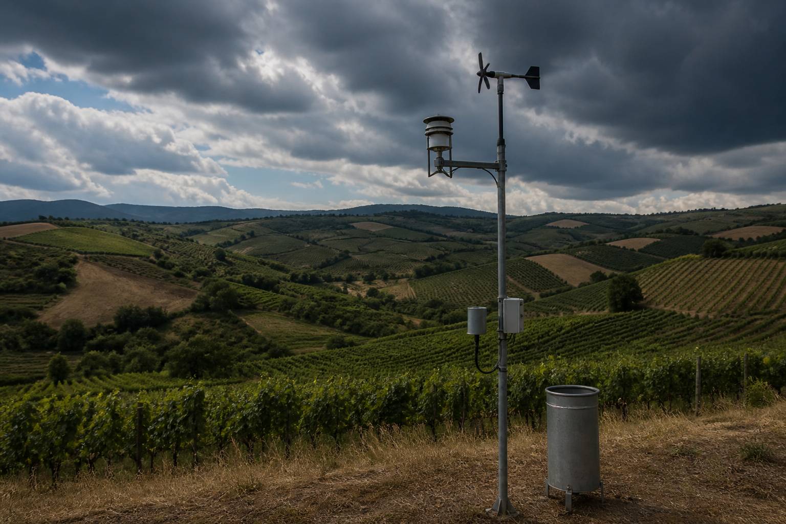 Station météo dans un champ de vignes de la campagne des Marches