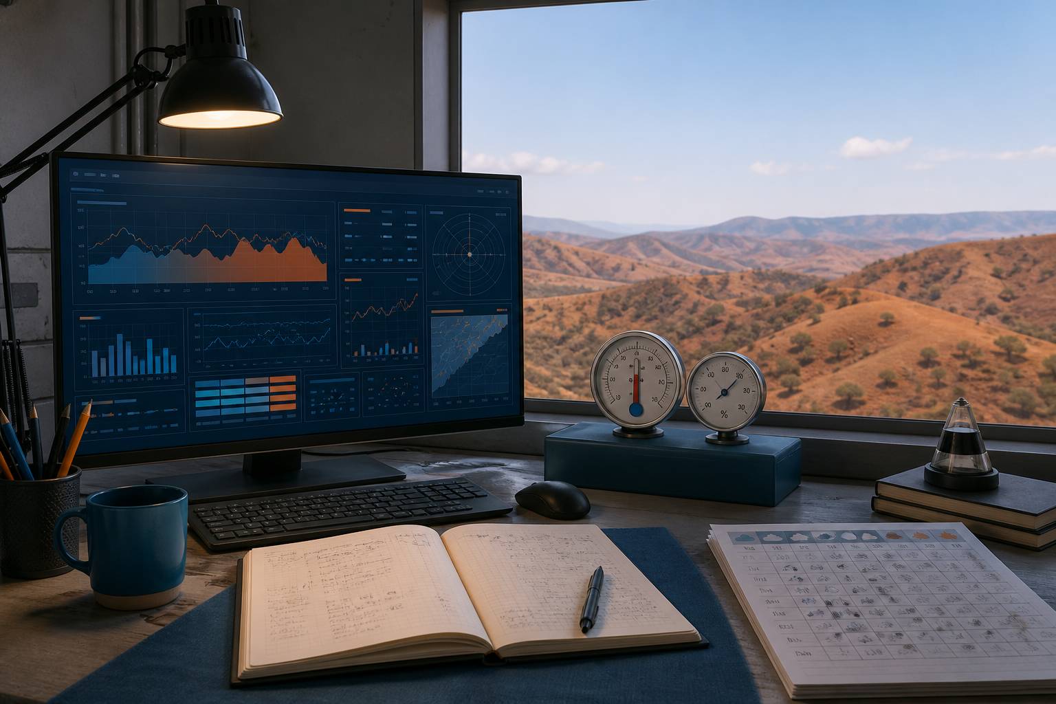 Thermomètre et hygromètre sur un bureau d'observation météo