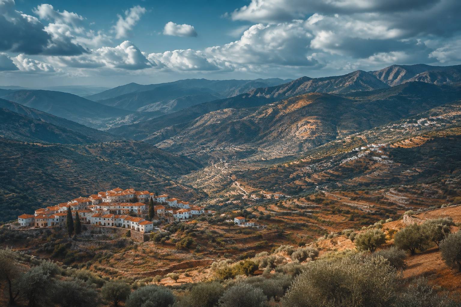 Vallée de l'arrière-pays avec collines cultivées et villages perchés