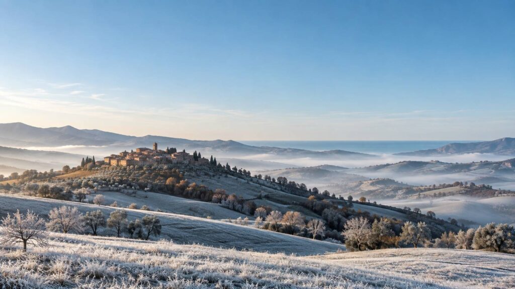 Collines des Marches avec gelée blanche au petit matin