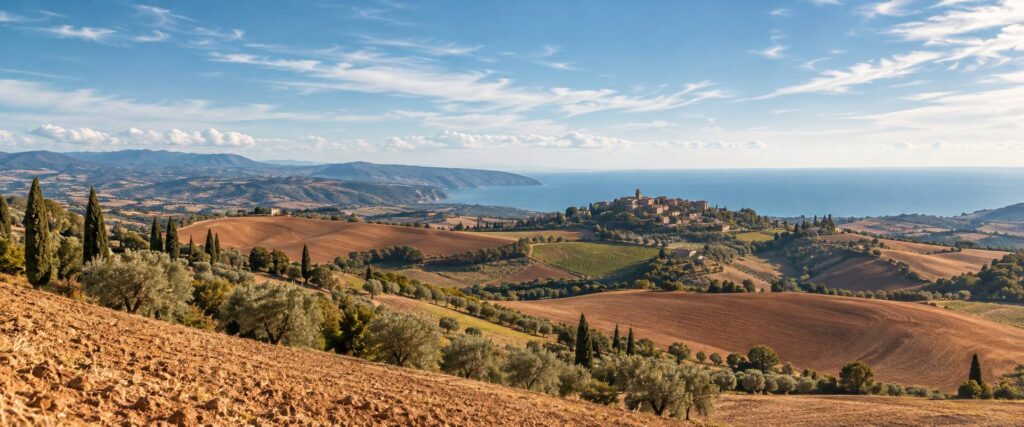 Panorama de collines des Marches avec la mer Adriatique à l'horizon