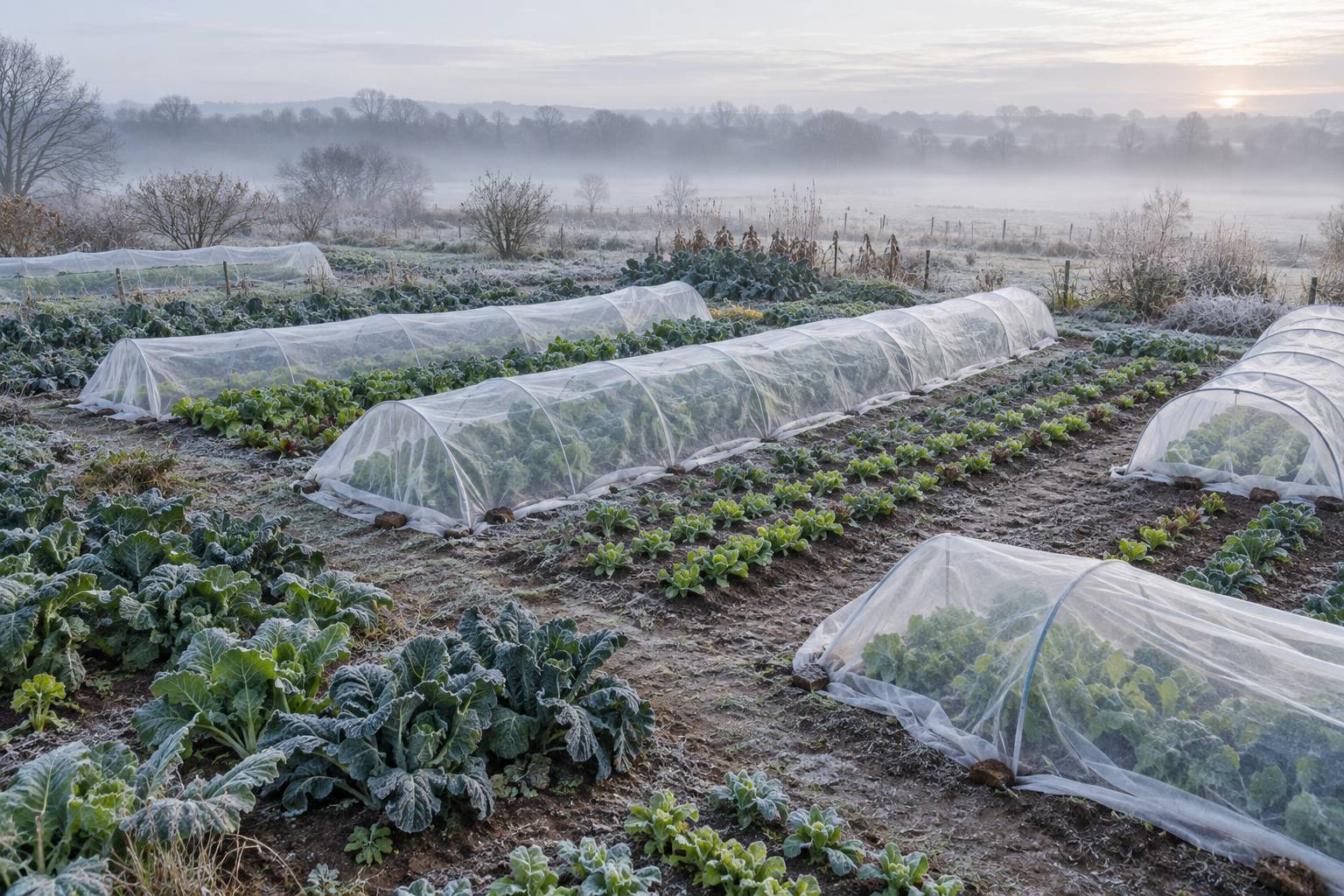 Jeunes plants maraichers proteges par un voile d'hivernage givre