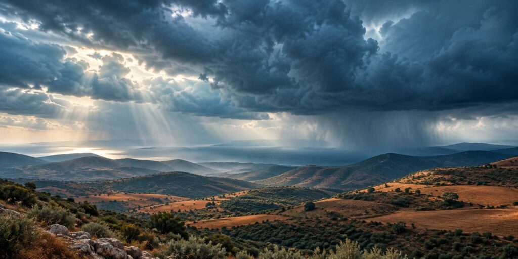 Nuages d'orage sombres au-dessus de collines de campagne avant la tempete