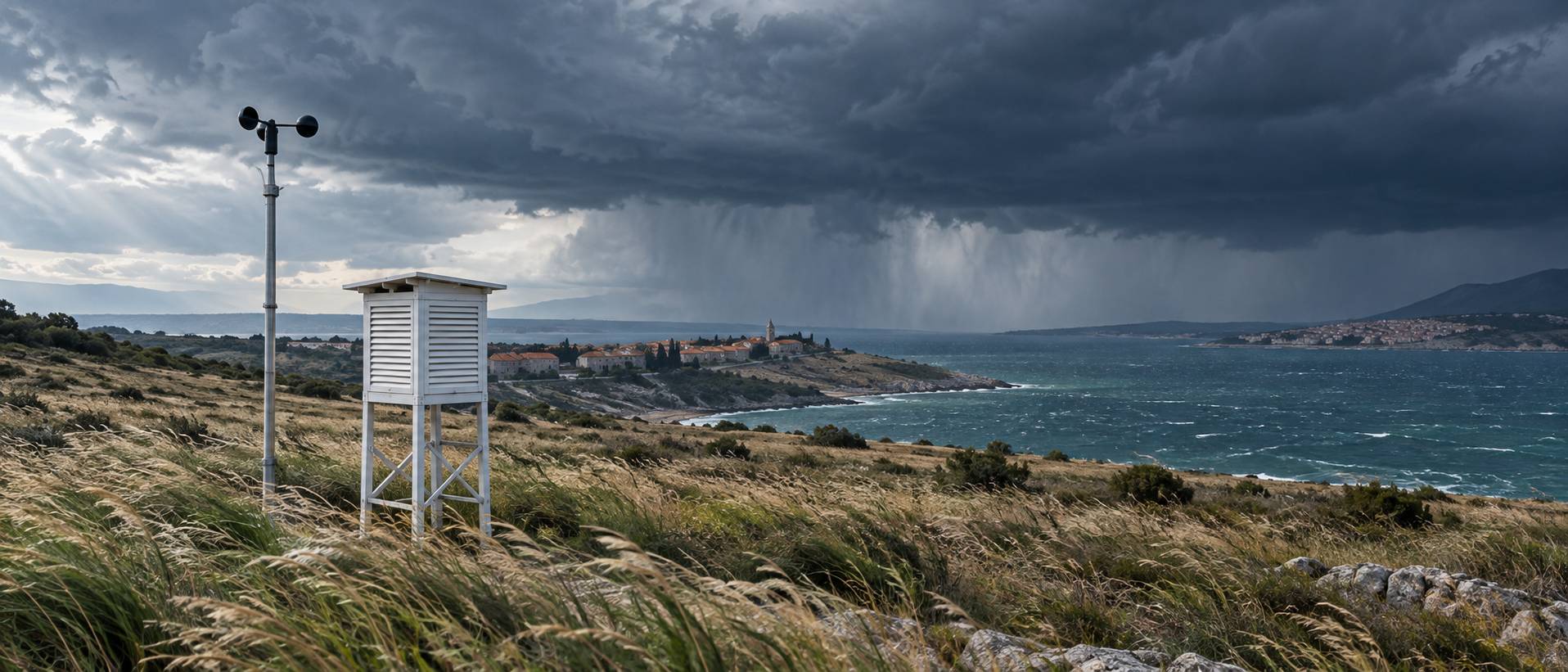Station météo de terrain avec anémomètre à coupelles sous ciel chargé