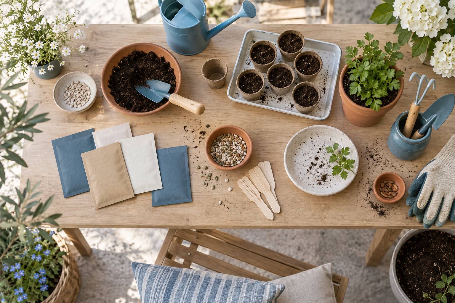 Table de jardin avec sachets de graines unis et godets de terreau